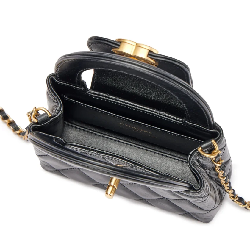 Chanel Kelly Nano Top Handle Black Quilted Calfskin Bag interior