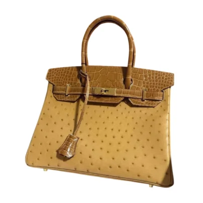 Hermes Birkin 30 Touch Ostrich Shiny Alligator Brown Saffron Leather Gold Hardware