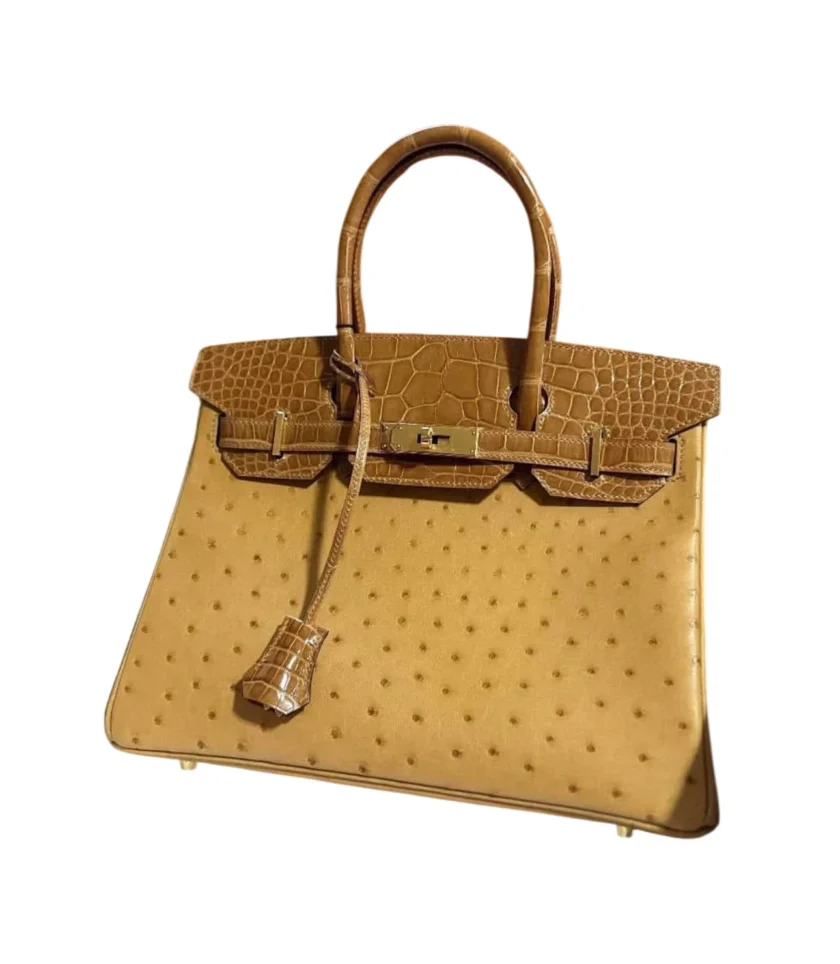 Hermes Birkin 30 Touch Ostrich Shiny Alligator Brown Saffron Leather Gold Hardware
