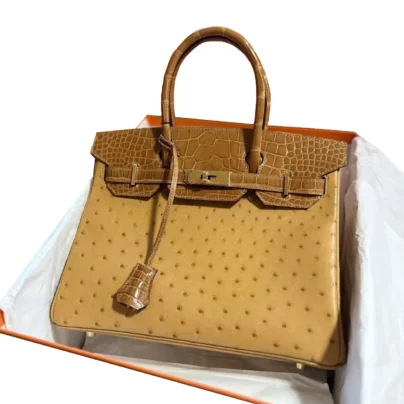 Hermes Birkin 30 Touch Ostrich Shiny Alligator Saffron Gold Hardware