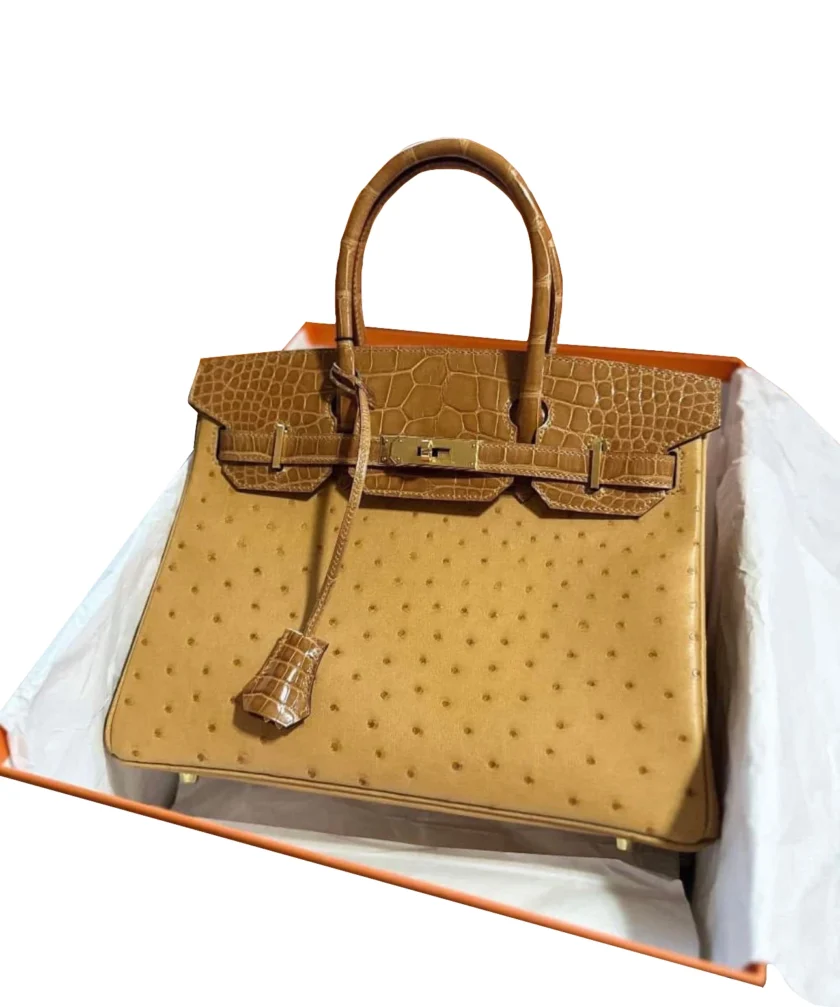 Hermes Birkin 30 Touch Ostrich Shiny Alligator Saffron Gold Hardware