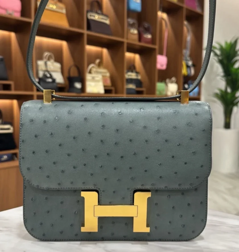 Hermes Constance 24 Ostrich Vert Amande Gold Hardware