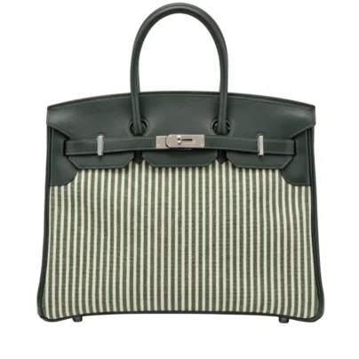 Hermes Limited Edition Birkin 35 Vert Anglais Swift Toile Riga Handbag Palladium Hardware