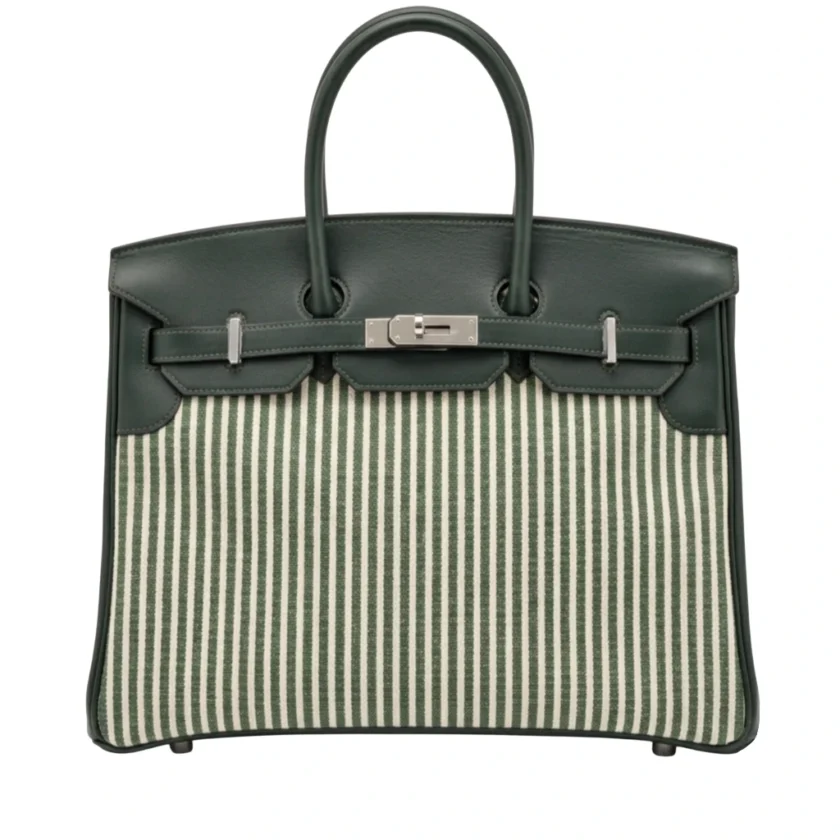 Hermes Limited Edition Birkin 35 Vert Anglais Swift Toile Riga Handbag Palladium Hardware