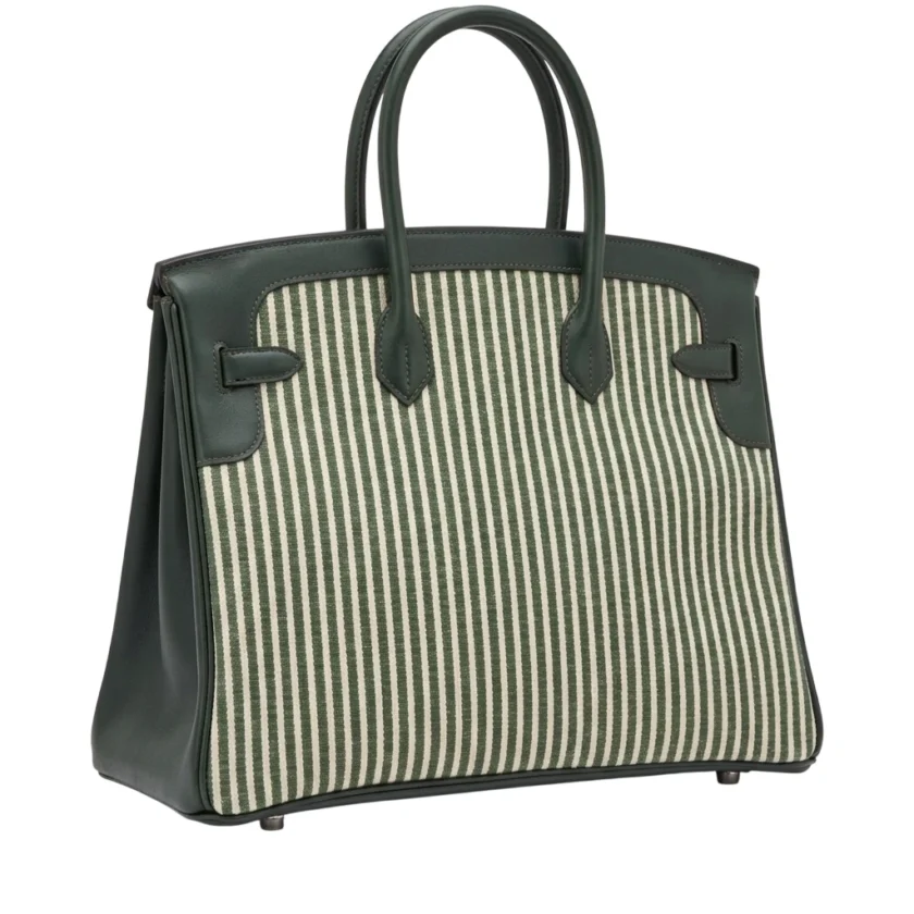 Hermes Limited Edition Birkin 35 Vert Anglais Swift Toile Riga Handbag Palladium Hardware back