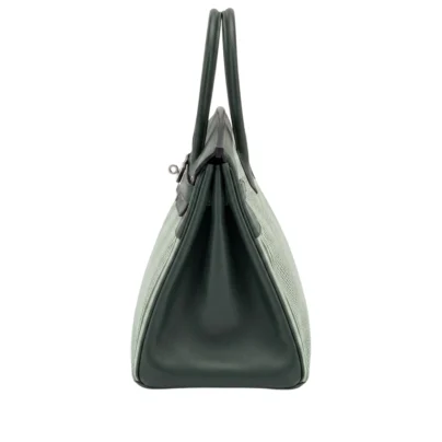 Hermes Limited Edition Birkin 35 Vert Anglais Swift Toile Riga Handbag Palladium Hardware side view