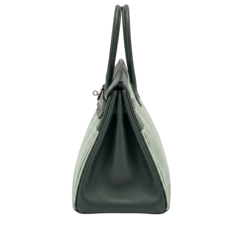 Hermes Limited Edition Birkin 35 Vert Anglais Swift Toile Riga Handbag Palladium Hardware side view