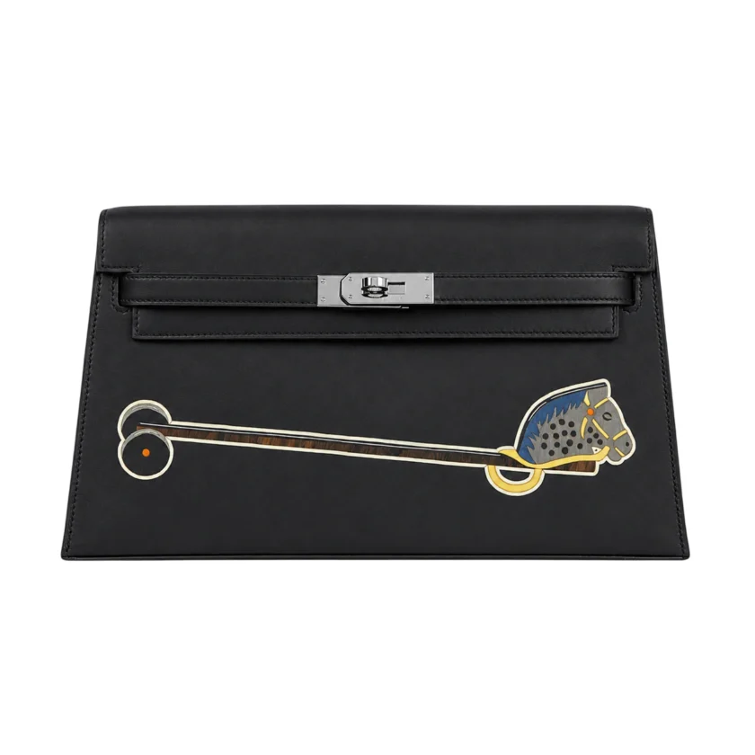 Hermes Limited Edition Kelly Elan Black Tadelakt Cheval de Bois Palladium Hardware