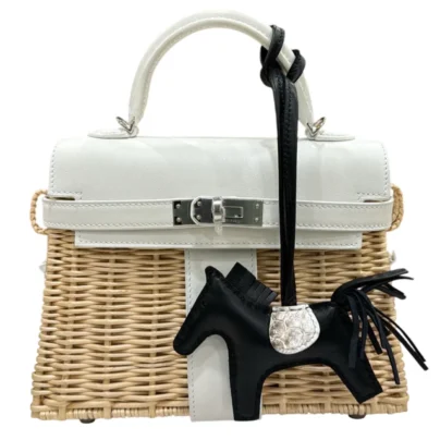 Hermès Mini Kelly 20 Picnic White Swift leather Osier Wicker Palladium hardware