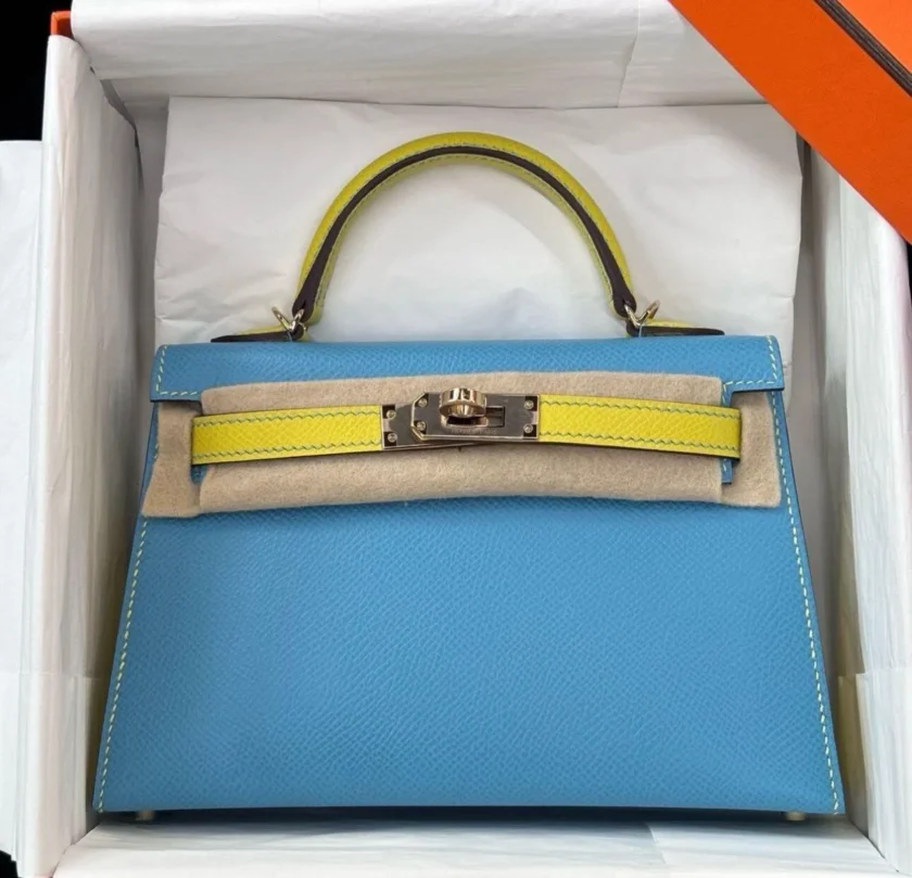 Hermès Mini Kelly Sellier 20 Bleu Jean Lime Epsom Palladium hardware