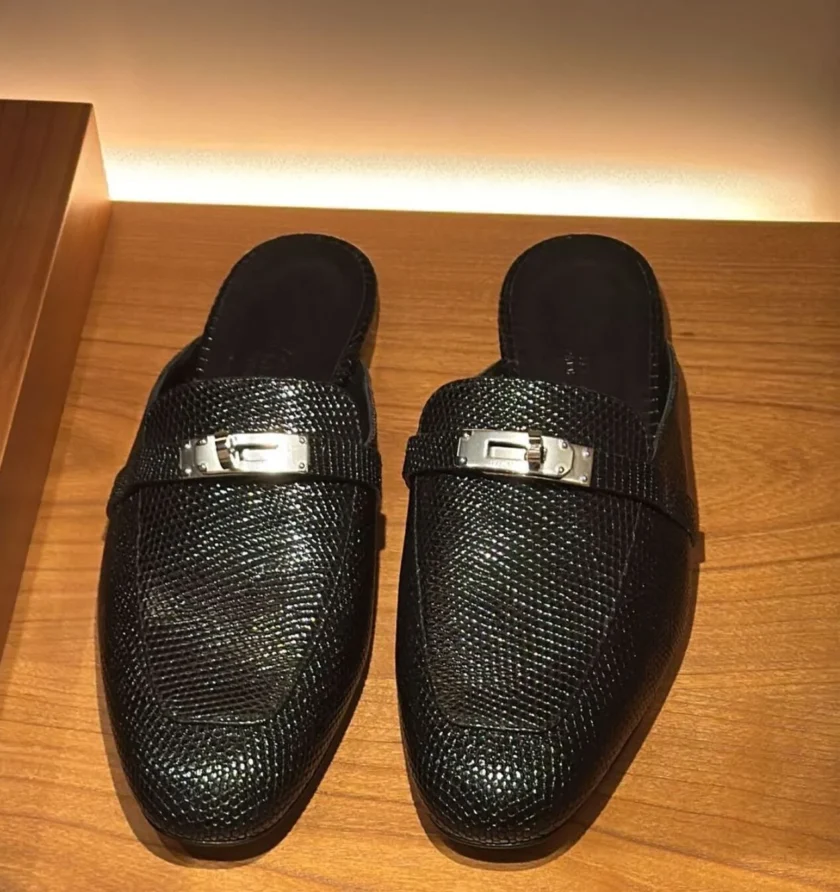 Hermes Oz Mule Black Lizard leather Palladium Hardware