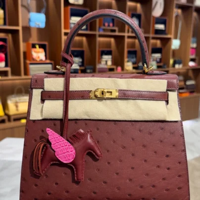 Hermes Sellier Kelly 25 Rouge H Ostrich Gold Hardware