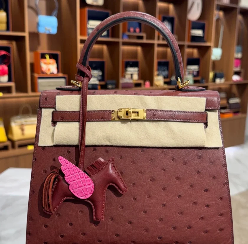 Hermes Sellier Kelly 25 Rouge H Ostrich Gold Hardware