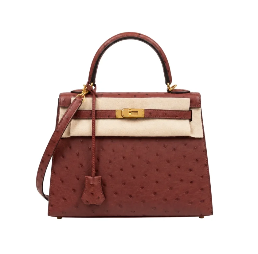 Hermès Sellier Kelly 25 Rouge H Ostrich Leather Gold Hardware