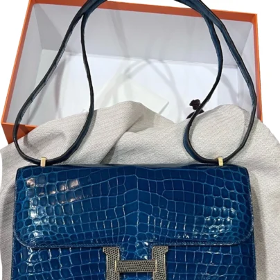 Limited Edition Hermès Constance Élan Bleu Izmir Niloticus Crocodile leather Lizard Hardware