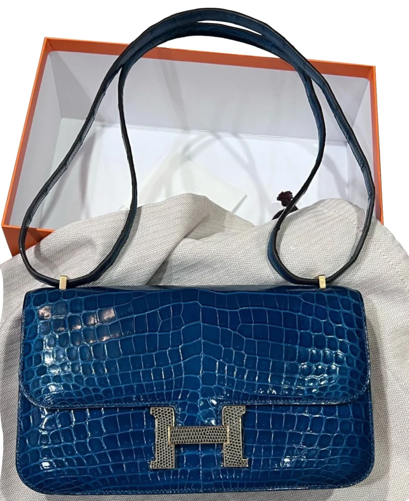 Limited Edition Hermès Constance Élan Bleu Izmir Niloticus Crocodile leather Lizard Hardware