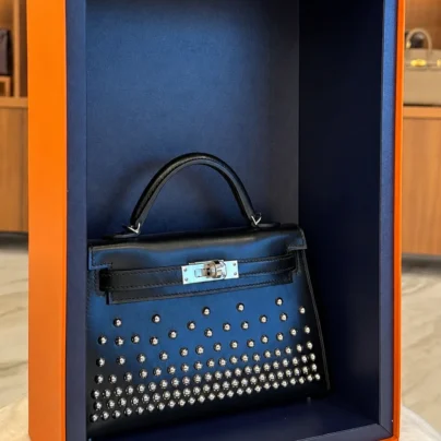 Limited Edition Hermès Mini Kelly 20 Clouté Studded Black Box Leather Palladium hardware