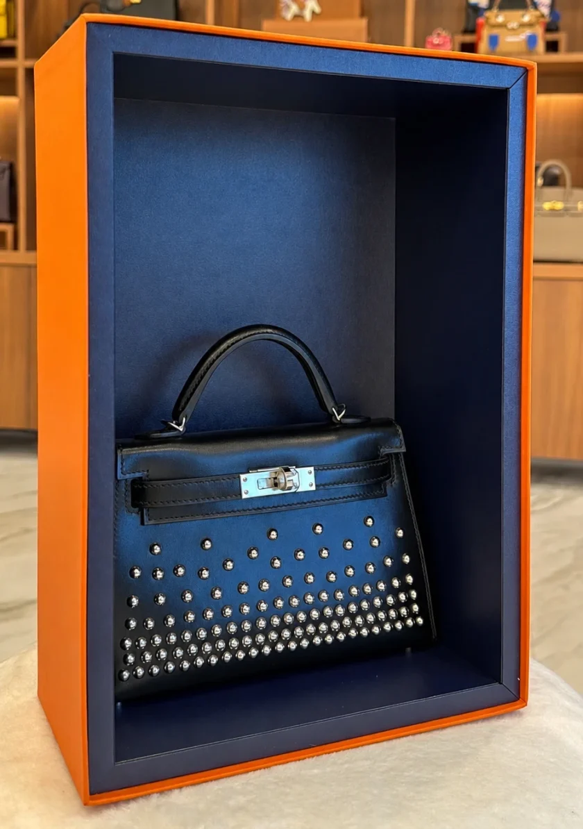 Limited Edition Hermès Mini Kelly 20 Clouté Studded Black Box Leather Palladium hardware