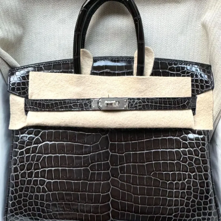 New Hermes Birkin 25 Graphite Shiny Porosus Palladium Hardware