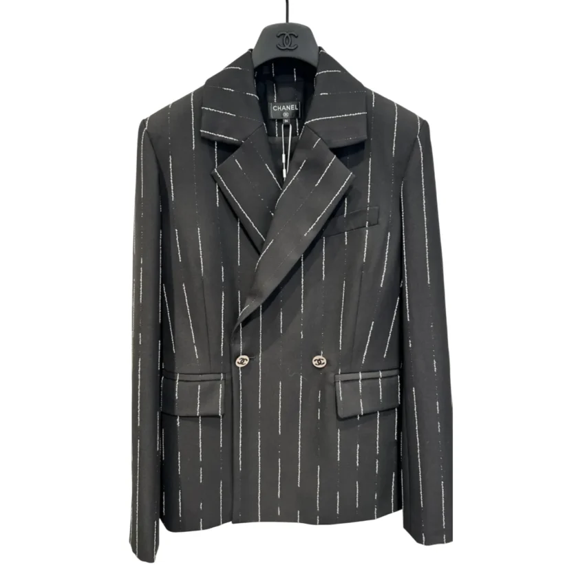 2026 Chanel Black White Jacket vertical stripe embroidered glass beads