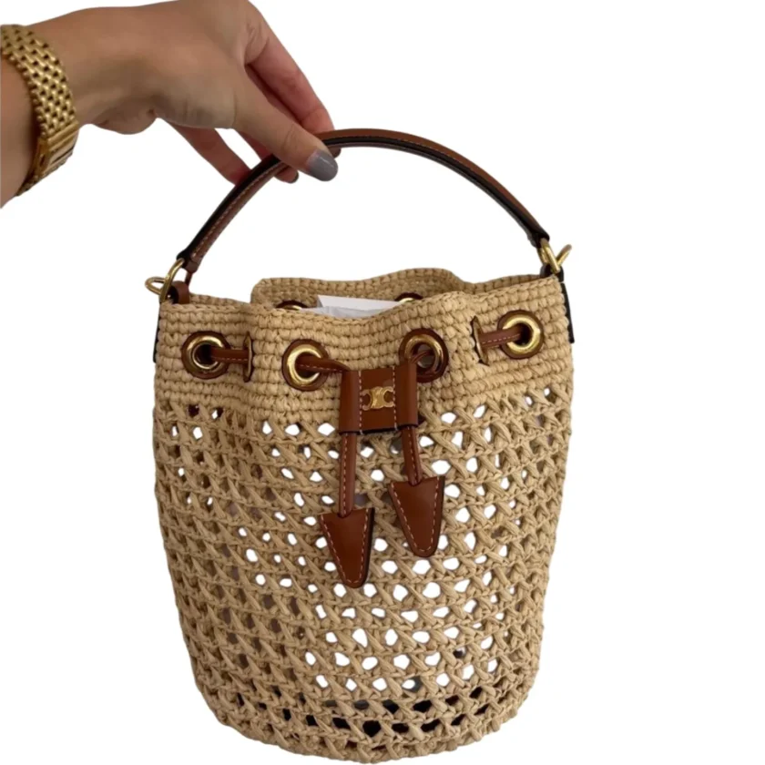 Celine Teen Clara Natural Raffia Calfskin Bucket Bag