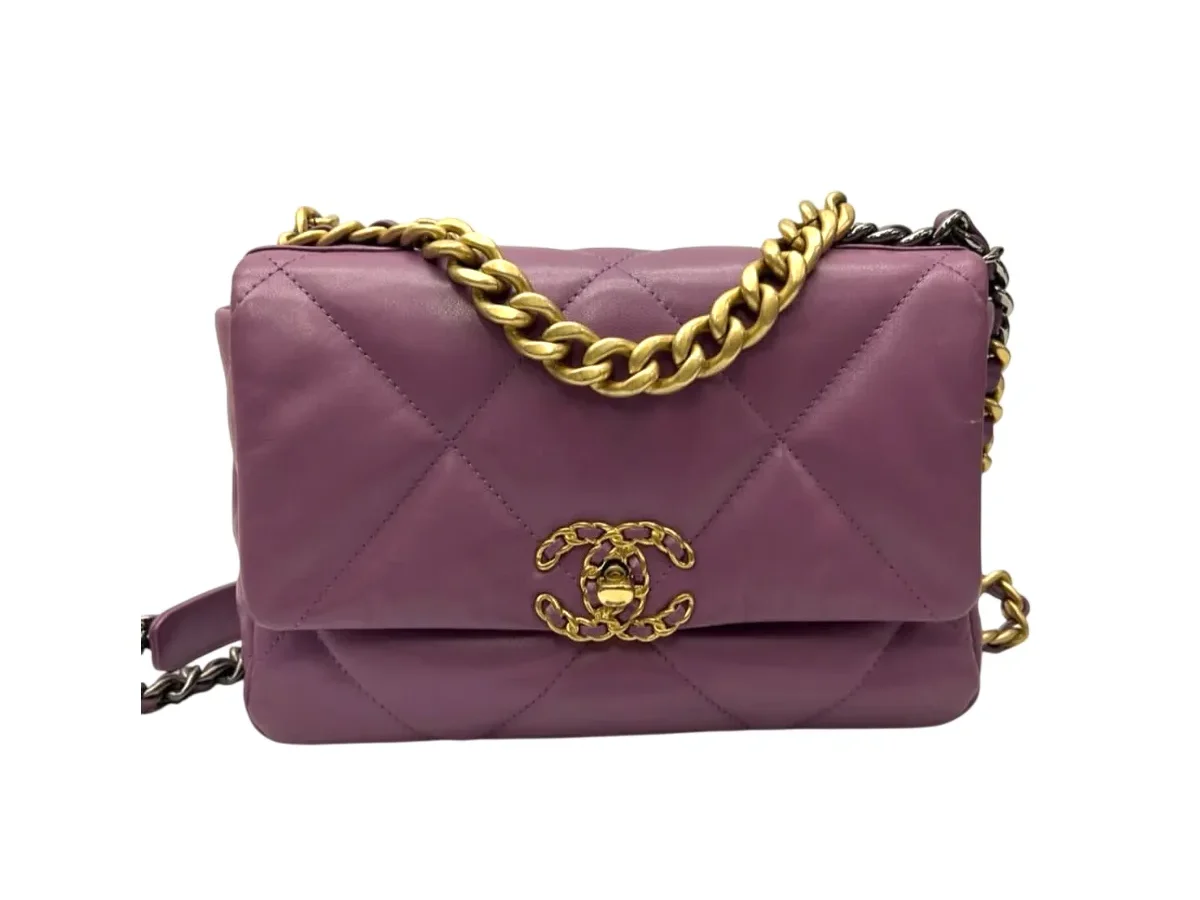 Chanel 19 Small Flap Bag Purple Goatskin Leather Mixed Gold