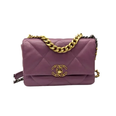 Chanel 19 Small Flap Bag Purple Goatskin Leather Mixed Gold Hardware