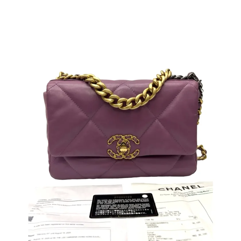 Chanel 19 Small Flap Purple Goatskin Leather Mixed Gold Hardware