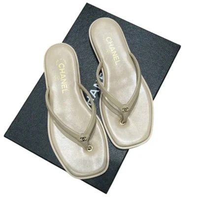 Chanel 2026 FW Beige Leather Flat Thong Sandals
