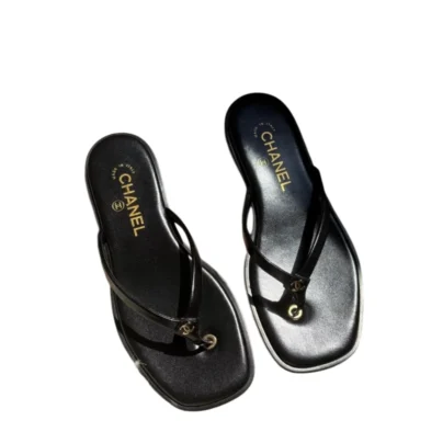 Chanel 2026 FW Black Leather Flat Thong Sandals