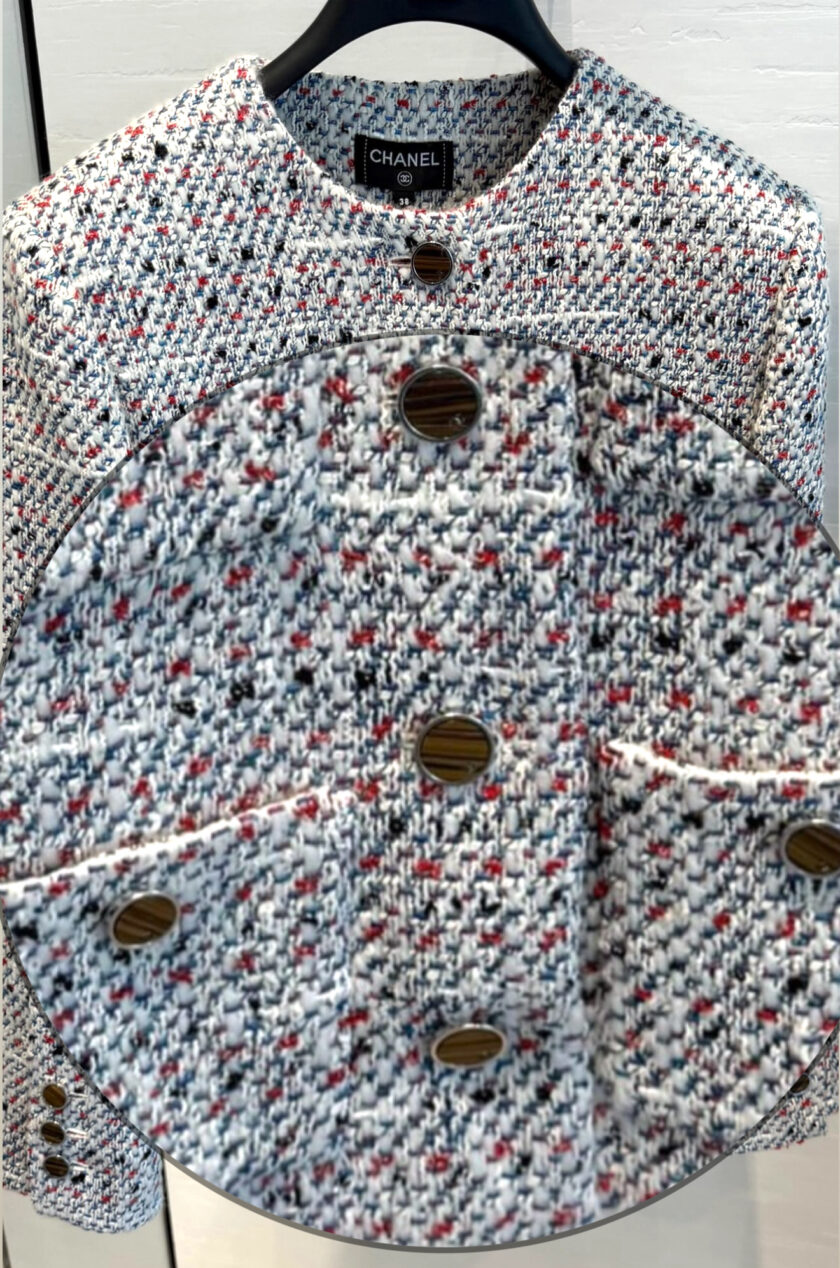 Chanel 2026 White Blue Cotton Wool Tweed Jacket four front pockets