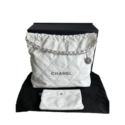 Chanel 22 Small Hobo Quilted White Shiny Calfskin Leather