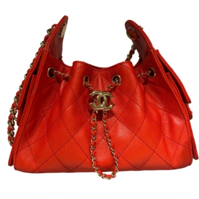 Chanel 25 Mini Hobo Drawstring Bag Red Caviar Goldtone Hardware