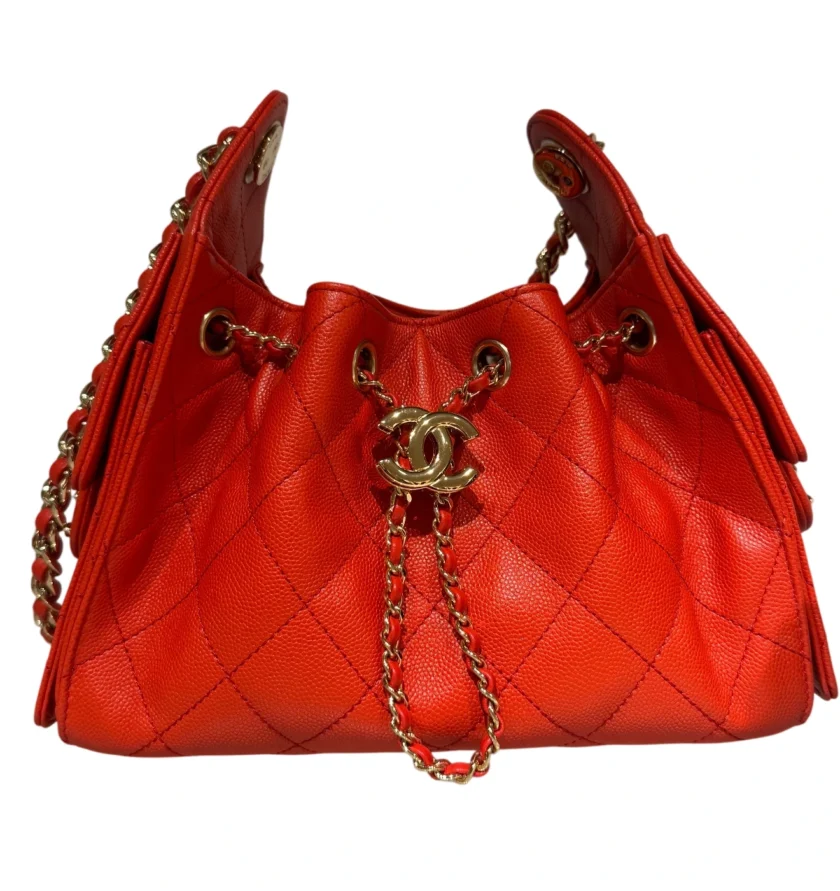 Chanel 25 Mini Hobo Drawstring Bag Red Caviar Goldtone Hardware