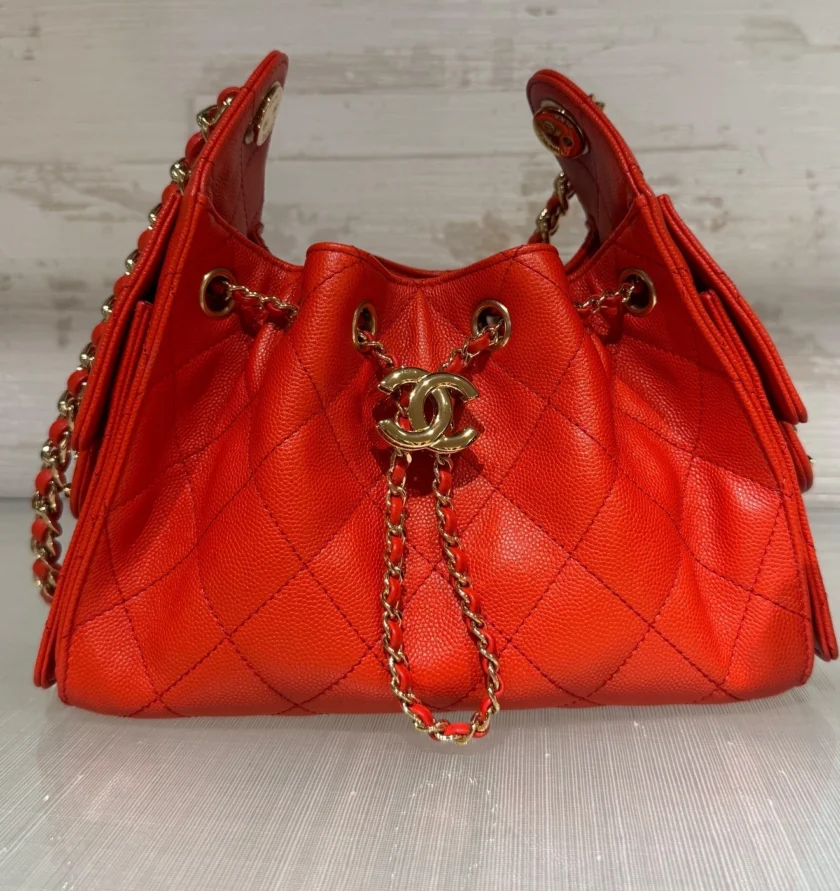 Chanel 25 Mini Hobo Drawstring Red Caviar Goldtone Hardware