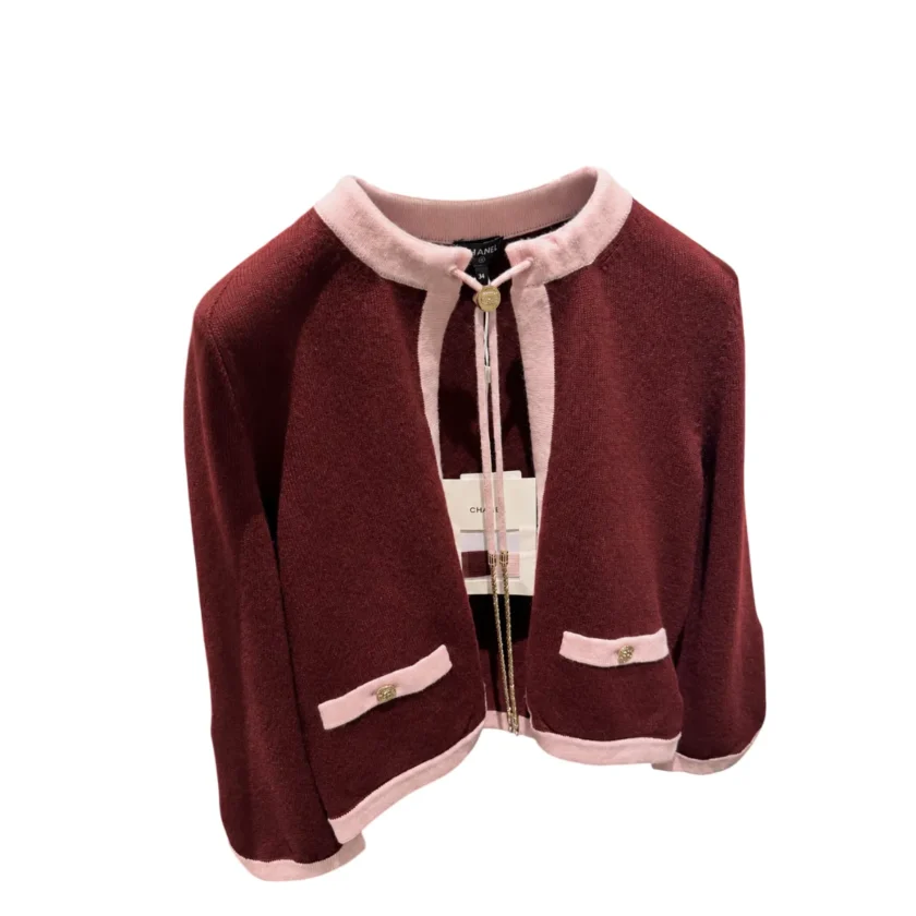 Chanel 25A Burgundy Cashmere Cardigan FR38