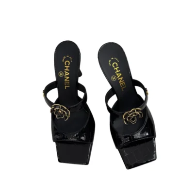 Chanel 26A Black Crocodile Mules with Camellia Flower