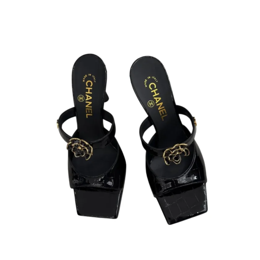 Chanel 26A Black Crocodile Mules with Camellia Flower