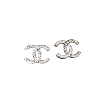 Chanel CC Crystal Strass Pearl Pierced Stud Earrings Silver