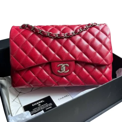 Chanel Classic Jumbo Flap Bag Red Quilted Caviar Leather Silver tone Hardware