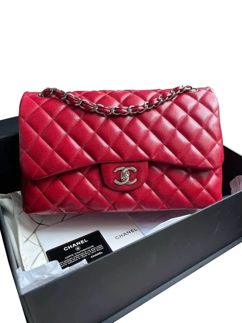 Chanel Classic Jumbo Flap Bag Red Quilted Caviar Leather Silver tone Hardware