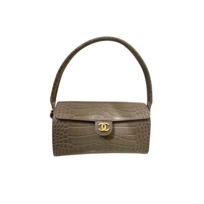 Chanel Clutch With Chain Crocodile Embossed Dark Khaki Calfskin Gold-Tone Hardware