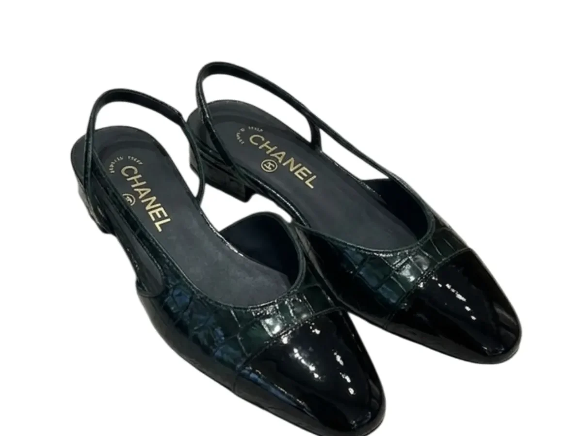 Chanel Crocodile Embossed Calfskin Cap Toe CC Slingback Flats