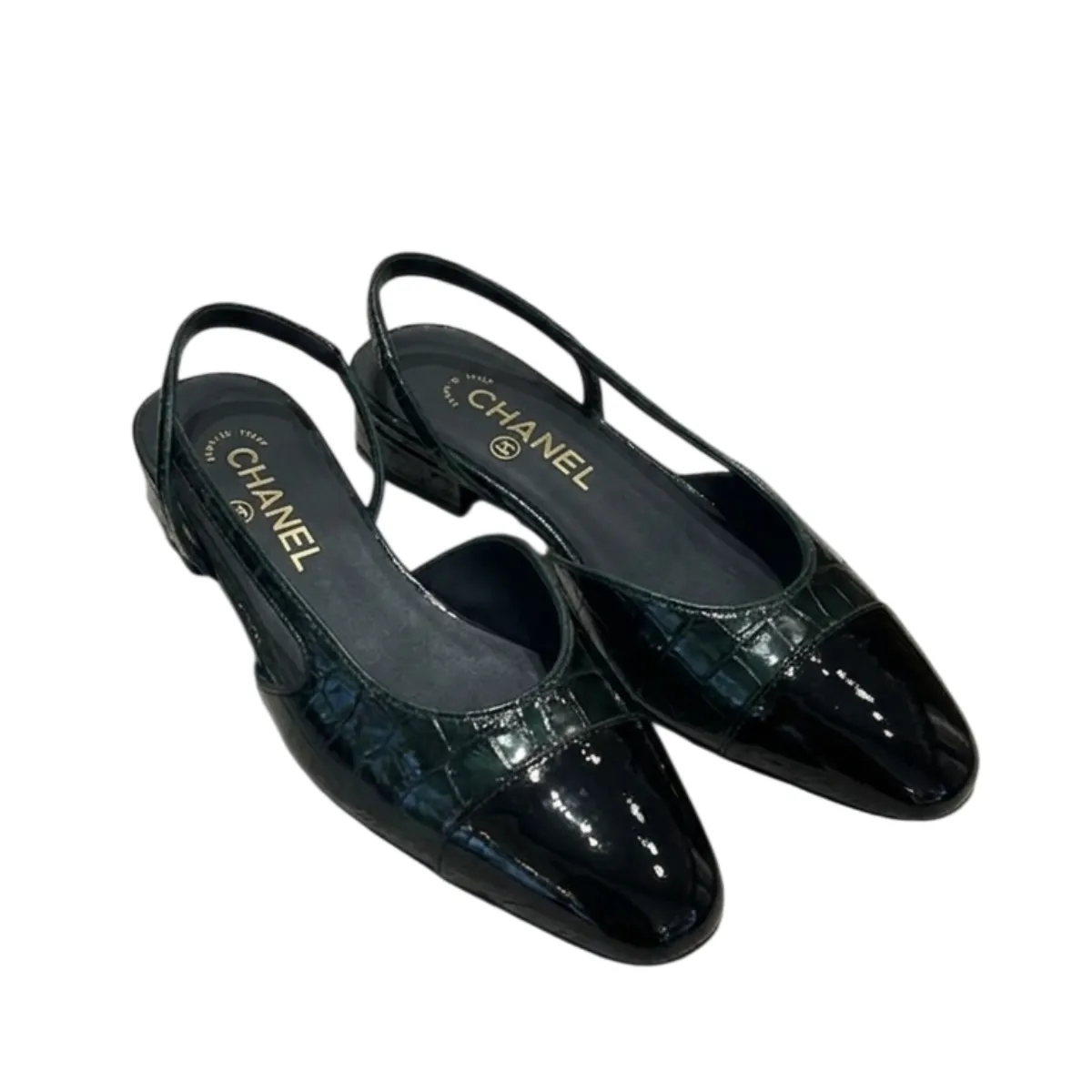Chanel Crocodile Embossed Calfskin Cap Toe CC Slingback Flats