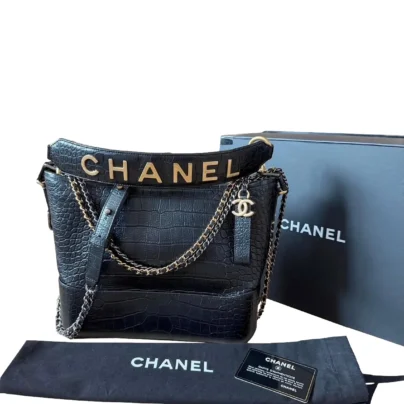 Chanel Gabrielle Medium Bag Black Crocodile Embossed Calfskin Hobo