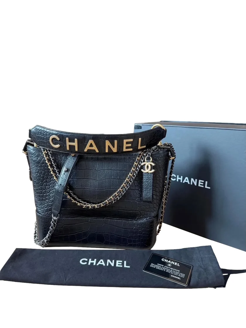Chanel Gabrielle Medium Bag Black Crocodile Embossed Calfskin Hobo