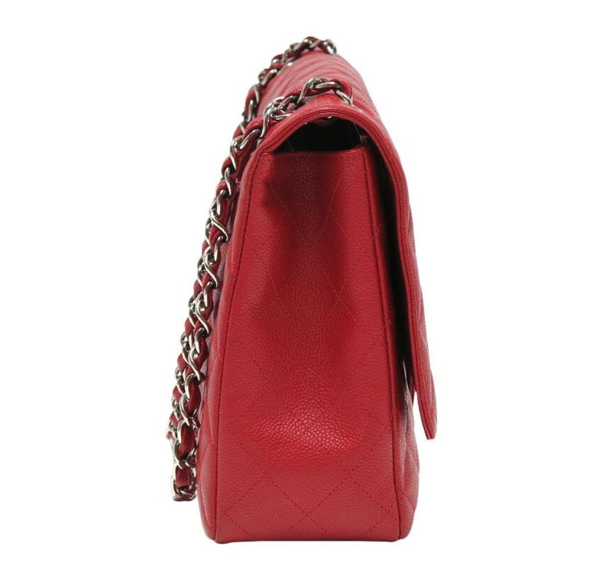 Chanel Maxi Single Flap Red Caviar Leather Silver tone Hardware left