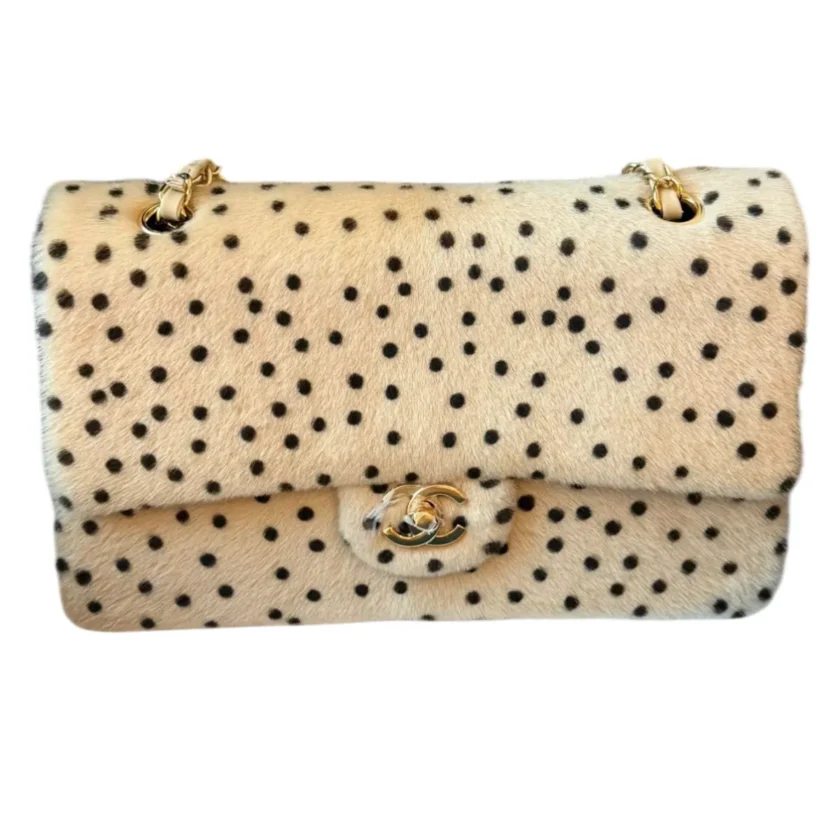 Chanel Medium Classic Flap Pony Hair Light Beige Dots Gold Hardware