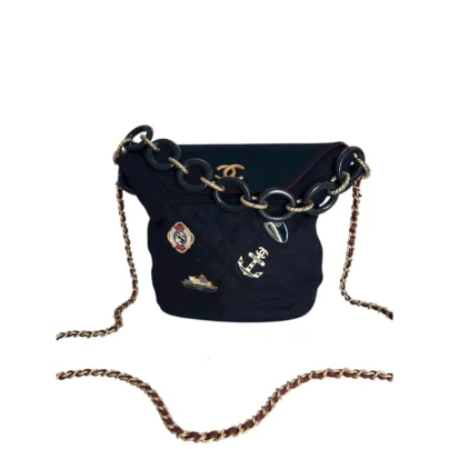 Chanel Paris Hamburg Navy Quilted Sailor Charms Bucket Bag