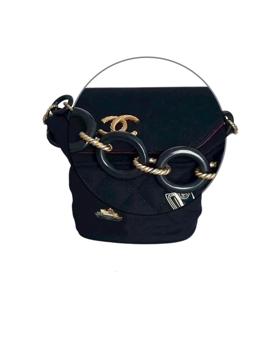 Chanel Paris Hamburg Navy Quilted Sailor Charms Bucket Bag cc strap detail